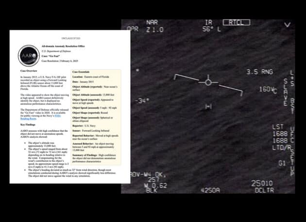Titelbild des neuen AARO-Berichts zum darin erklärten „Go Fast“-Video (Standbild r.). Quelle: aaro.mil