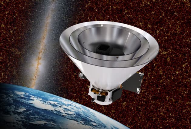 Grafisches Konzept der SHPEREx-;ission vor dem Hintergrund kosmischer Strukturen. Quelle: NASA