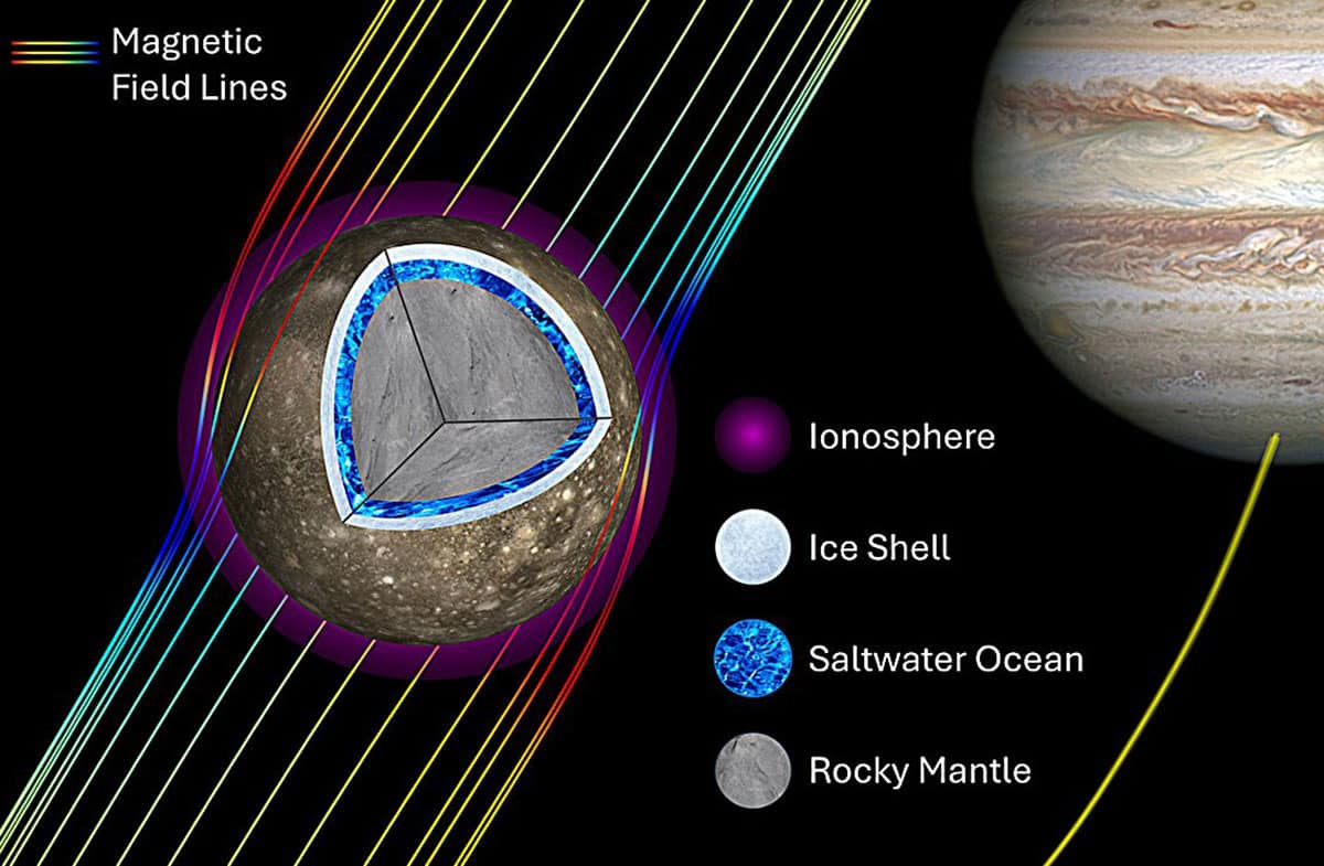Der Jupiter-Mond Kallisto (links) reagiert induktiv auf das sich verändernde Magnetfeld Jupiters (rechts). Neue Forschungsergebnisse legen nahe, dass diese Reaktion und ihre Auswirkungen darauf hindeuten, dass der Mond einen unterirdischen salzigen Ozean beherbergt.Copyright/Quelle: Corey J. Cochrane, NASA/JPL-Caltech