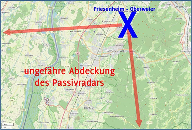 Abdeckung des Passivradars am Standort von Josef Garcia. (Die Grenzen der Abdeckung sind allerdings fließend und nicht so scharf wie im Bild dargestellt.)Quelle: GEP, ufo-forschung.de