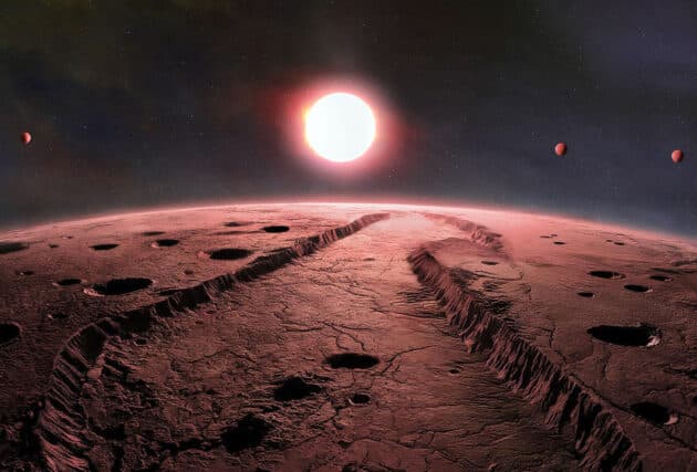 Künstlerische Darstellung der vier Planeten, die den sonnennächsten Einzelstern, den sogenannten „Barnards Stern“ umkreisen (Illu.). Copyright: International Gemini Observatory/NOIRLab/NSF/AURA/R. Proctor/J. Pollard