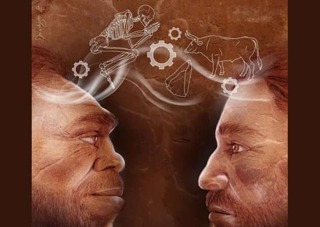 Künstlerische Darstellung des kulturellen und technologischen Austauschs zwischen Neandertalern und Homo sapiens in der Levante (Illu.). Copyright: Efrat Bakshitz