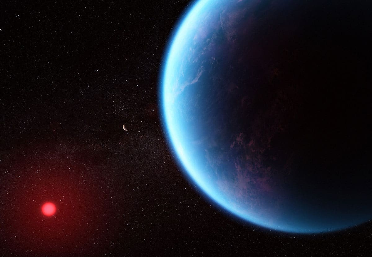 Künstlerische Darstellung einer sogenannten Hyzean-Welt, einem großen, gänzlich von Wasser und einer dichten Wasserstoff-Atmosphäre bedeckten Gesteinsplaneten (Illu.).Copyright: NASA, ESA, CSA, Joseph Olmsted/STScI