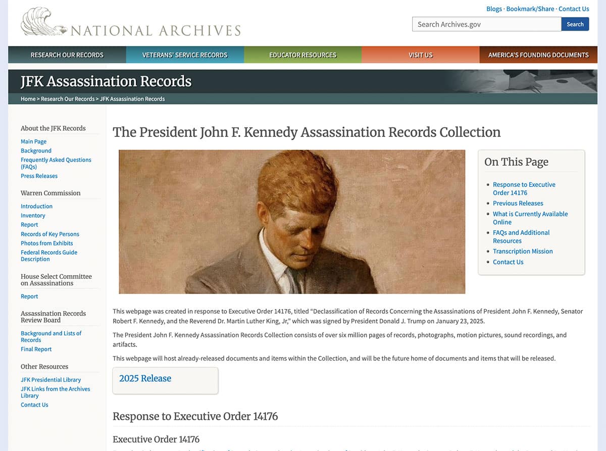 Screenshot der Webseite der US-Nationalarchive zu den JFK-Akten.Copyright: www.archives.gov/research/jfk