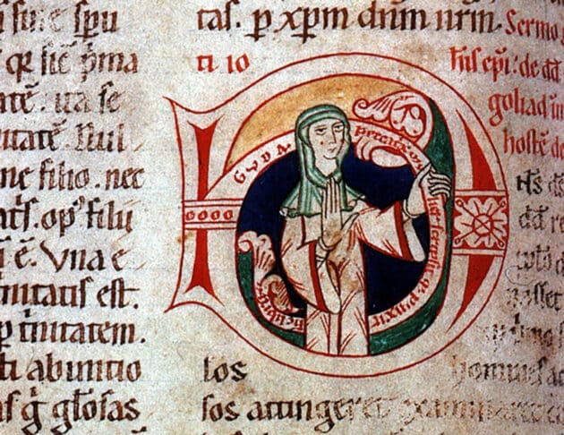 Selbstporträt und Signatur der mittelalterlichen Buchmalerin Guda. Copyright/Quelle: Ommundsen et al., Humanities and Social Sciences Communications“  2025 / Universitätsbibliothek Johann Christian Senckenberg, Frankfurt, Ms. Barth. 42, fol. 110 v