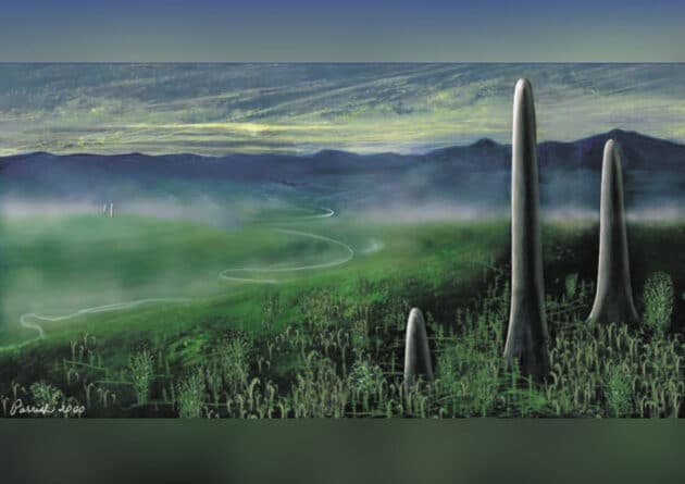 Künstlerische Darstellung von Prototaxites. Copyright: Painting by Mary Parrish, National Museum of Natural History (via University of New Hampshire)