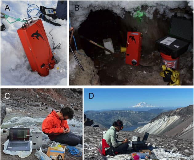 Instrumenteneinsätze an extremen Feldstandorten: (A) Einsatz in einer Sackhöhle mit Meereis-Sole (Nuuk, Grönland). (B) Einsatz in einem Permafrosttunnel mit Zugang zu unterirdischen Kryopegs durch Bohrlöcher (Utqiaġvik, Alaska). (C) Einsatz im Krater des Mt. St. Helens und (D) in den Gletscherspalten des Mt. St. Helens, mit Messungen bei Umgebungslufttemperatur. Quelle: Synder et al., PLOS ONE (2025). DOI: 10.1371/journal.pone.0318239