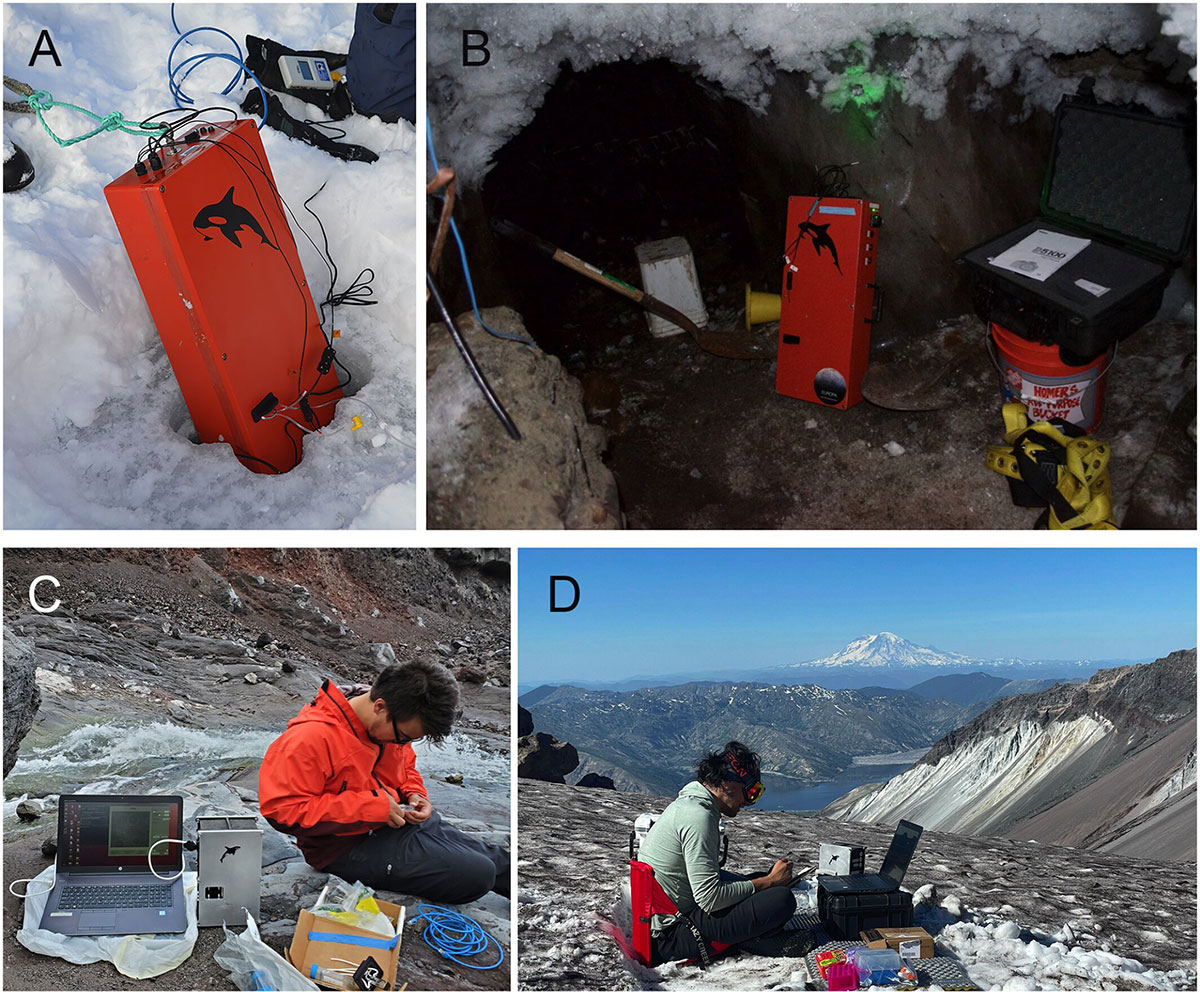 Instrumenteneinsätze an extremen Feldstandorten: (A) Einsatz in einer Sackhöhle mit Meereis-Sole (Nuuk, Grönland). (B) Einsatz in einem Permafrosttunnel mit Zugang zu unterirdischen Kryopegs durch Bohrlöcher (Utqiaġvik, Alaska). (C) Einsatz im Krater des Mt. St. Helens und (D) in den Gletscherspalten des Mt. St. Helens, mit Messungen bei Umgebungslufttemperatur.Quelle: Synder et al., PLOS ONE (2025). DOI: 10.1371/journal.pone.0318239