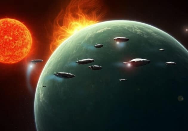 Künstlerische Darstellung der Flucht von einem Exoplaneten. Copyright: grewi.de (teilw. Mit KI erstellt)