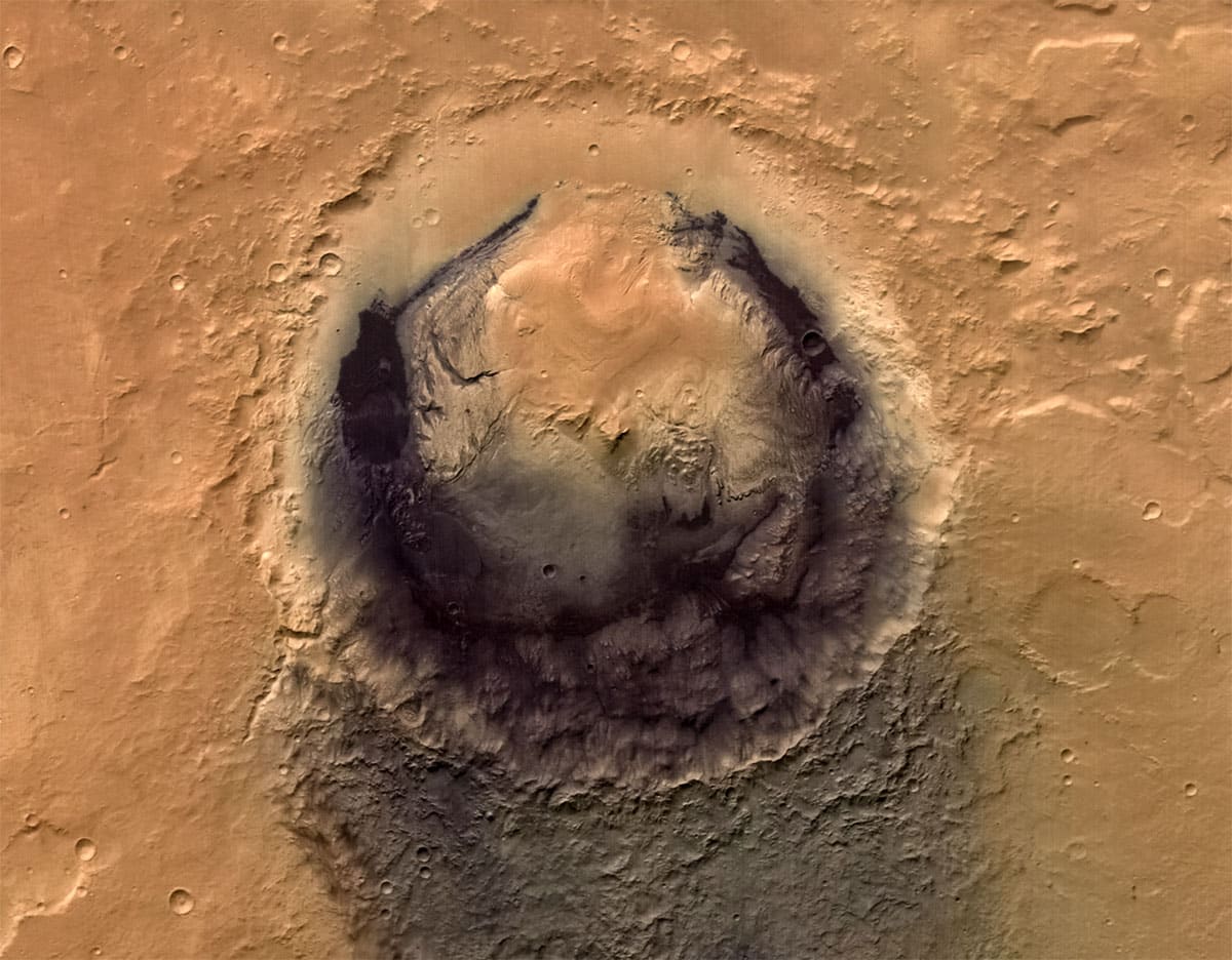 Blick der ESA-Sonde „Mars Express“ auf den Mars-Krater Gale, dem Arbeitsort des NASA-Rovers „Curisoty“Copyright: ESA