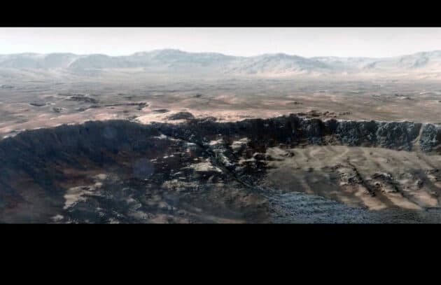 Künstlerische Darstellung von Wasser, das in den Jezero-Krater auf dem Mars strömt – einst Standort eines Deltas. Copyright: NASA/JPL-Caltech