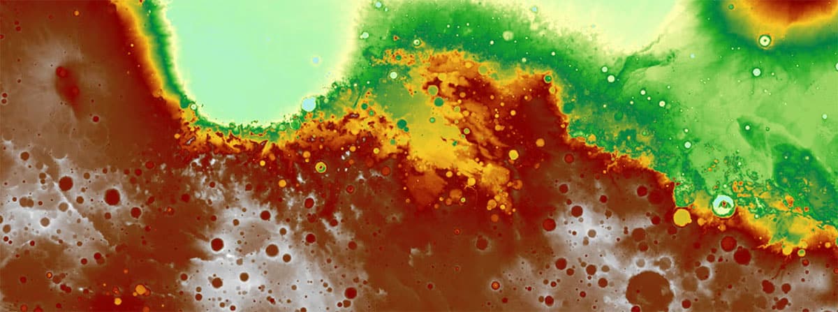 Eine detaillierte Karte der Topografie des Mars in der Nähe des Mars-Äquators.Copyright: Mars Global Surveyor / NASA