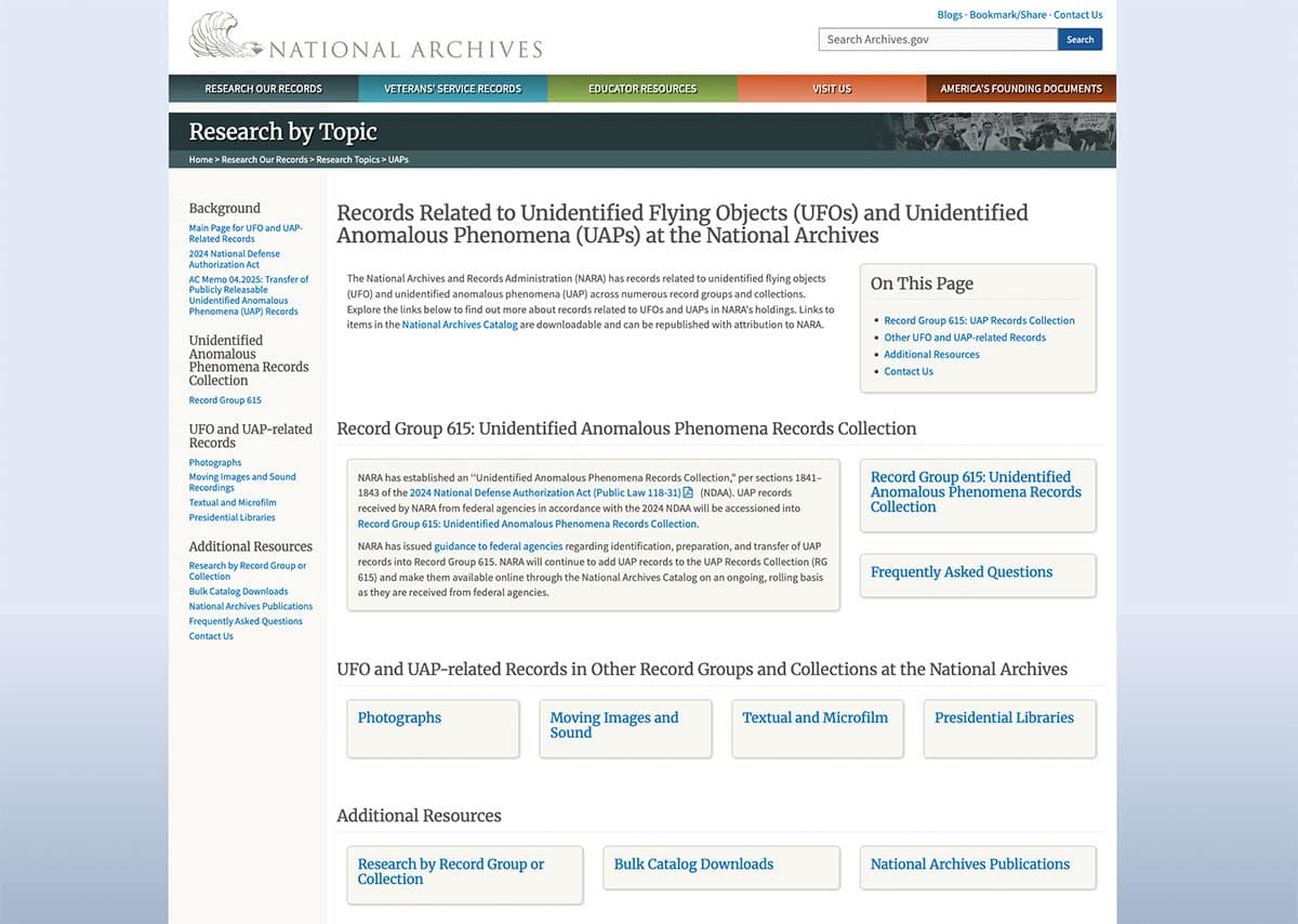 Screenshot der neugeordneten UFO-Akten-Seite der US-Nationalarchive.Copyright: NARA