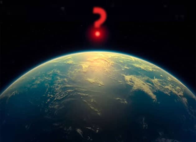 Grafisch von GreWi.de leicht abgewandelt kommentierte künstlerische Darstellung des Exoplaneten „K2-18b“ und seines Muttersterns. Copyright/Quelle: A. Smith/N. Mandhusudhan