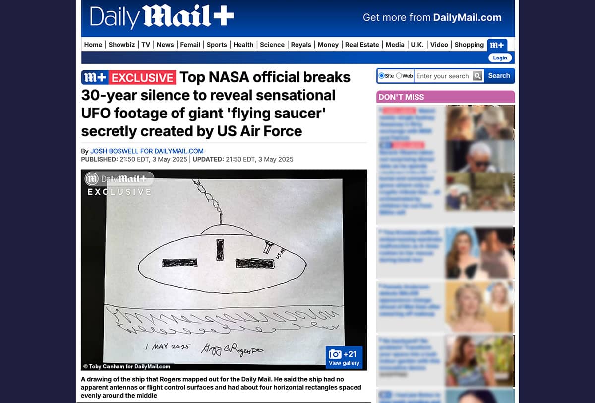 Screenshot: Gregory Rogers Skizze des Objekts, das ihm 1992 in cape Canaveral gezeigt wurde.Copyright/Quelle: TheDailyMail.co.uk