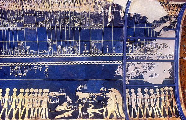 Astronomische Decke aus dem Grab von Sethos I. (KV 17)Beachte die gewellten schwarzen Linien zwischen Reihen gelber Halbkreise, die die beiden Hälften der Decke säumen. Copyright/Quelle: Theban Mapping Project, Francis Dzikowski, Mai 2000 / / Graur, Journal of Astronomical History and Heritage 2025