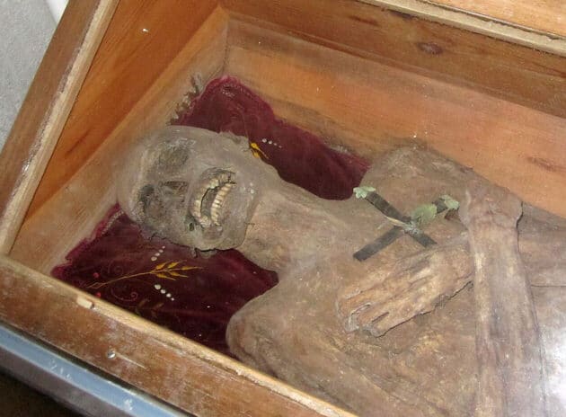 Der „Luftg’selchte Pfarrer“ in der Gruft der Pfarrkirche von St. Thomas am Blasenstein. Gegen Münzeinwurf wird die Gruft zugänglich gemacht einige Minuten lang beleuchtet. Copyright: Schwingi (via WikimediaComons) / CC BY-SA 3.0