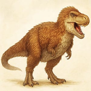 Künstlerische Darstellung eines mit fellartigen sog Protofedern bedeckten Tyrannosaurus (Illu.).Copyright: grewi.de (mit KI erstellt)