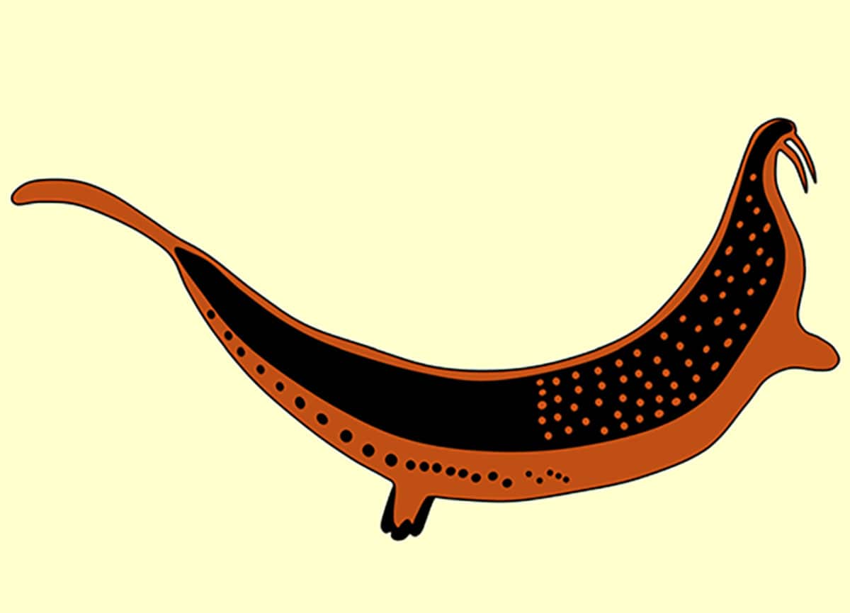 Zeichnerische Abbildung des Felsenbildes eines mythologischen Fabelwesens der San auf dem „Horned Sperpent“-Panel in der südafrikanischen La Belle France-Region (Illu.)Copyright/Quelle: J. Benoit / PLoS One, 2025