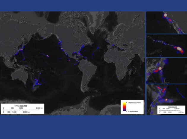Heatmaps der weltweiten Konzentrationen bekannter Tiefseetauchgänge mit visuellen Beobachtungen. Copyright/Quelle: Ocean Discovery League