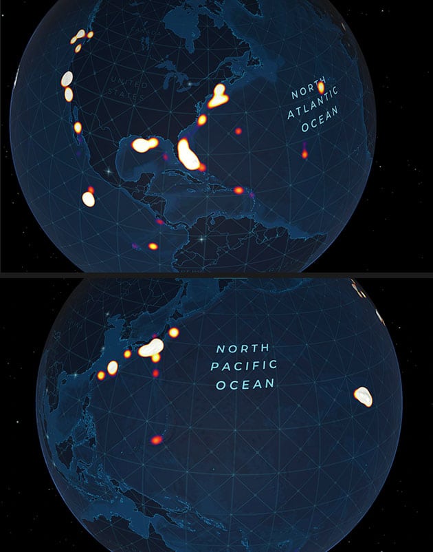 Heatmap der bekannten Tiefseetauchgänge mit visuellen Beobachtungen im Nordatlantik (o.) und im Pazifik (u.).Copyright/Quelle:Ocean Discovery League