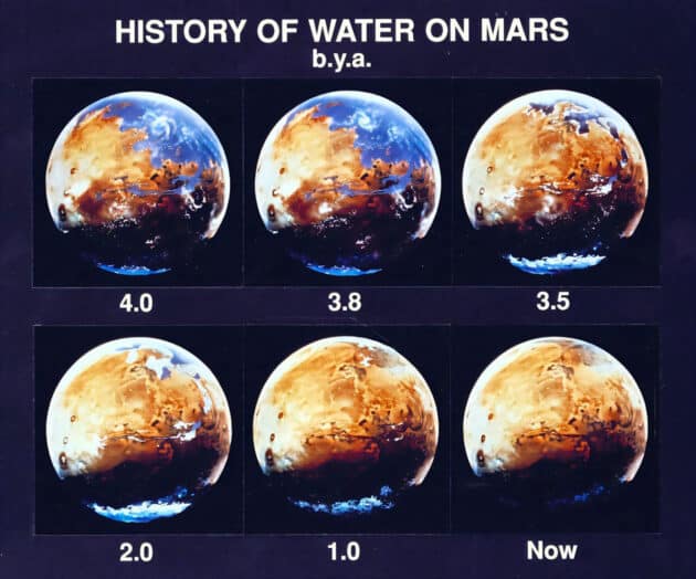 Vor vier Milliarden Jahren könnte der Mars (oben links) einen gewaltigen Ozean beherbergt haben. Doch das Oberflächenwasser ist nach und nach verschwunden – übrig geblieben sind nur gefrorene Reste nahe den Polkappen. Quelle: NASA