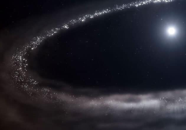 Künstlerische Darstellung von Wassereiskristallen in der Gas- und staubscheibe um einen noch jungen, Sonnenähnlichen Stern „HD 181327“ (Illu.). Copyright: Bildnachweis: NASA, ESA, CSA, Ralf Crawford (STScI)