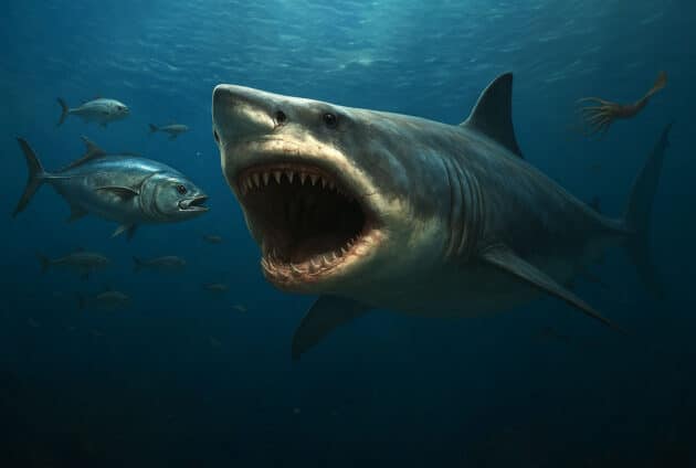 Ein Megalodon bei der Jagd nach unterschiedlichen Beutetieren (Illu.). Copyright: grewi.de (erstellt mit KI)