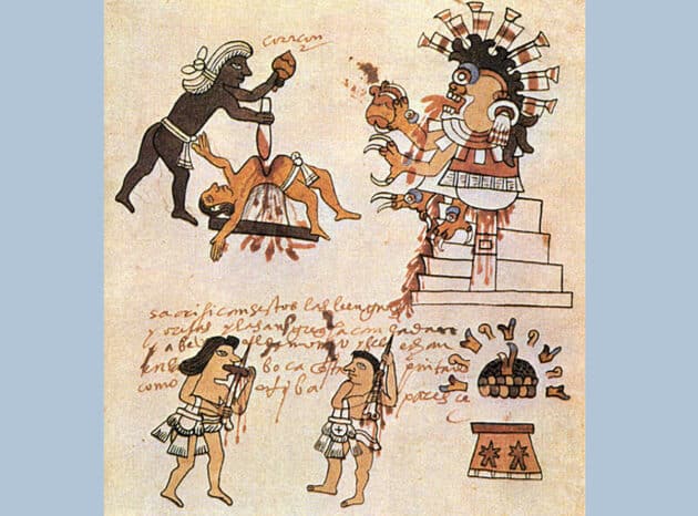Opferdarstellungen wie diese aus dem sog. Codex Tudela prägen bis heute das Bild der Maya. Copyright: Gemeinfrei