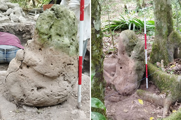 Die Skulpturen der "Großeltern" in der Maya-Stadt Los Abuelos .Copyright: Ministerio de Cultura y Deportes (Guatemala)