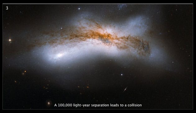 Eher unwahrscheinlich: Bei einer Distanz von nur 100.000 Lichtjahren verschmelzen beide Galaxien miteinander und bilden eine neue elliptische Galaxie (Illu.).Copyright: NASA, ESA, STScI, Till Sawala (University of Helsinki), DSS, J. DePasquale (STScI)