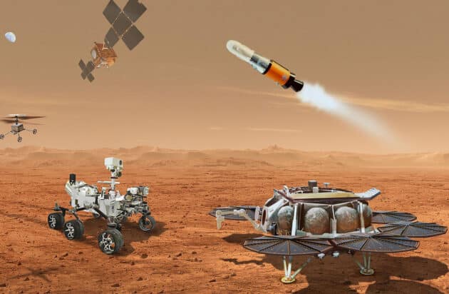 Künstlerische Darstellung der geplanten „Mars Sample Return“-Mission (Illu.). Copyright: NASA/ESA/JPL-Caltech