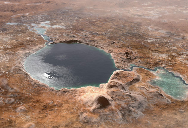 Künstlerische Darstellung des Jezero-Kraters vor mehreren Milliarden Jahren. Jezero Mons ist auf dieser Illustration im rechten Vordergrund am Kraterrand zu sehen.Copyright: NASA