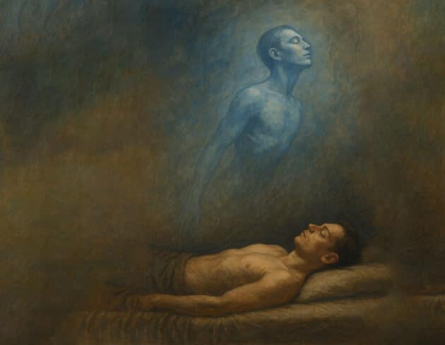 Künstlerische Darstellung einer außerkörperlichen Erfahrung (Illu.). Copyright: grewi.de (erstellt mit KI)