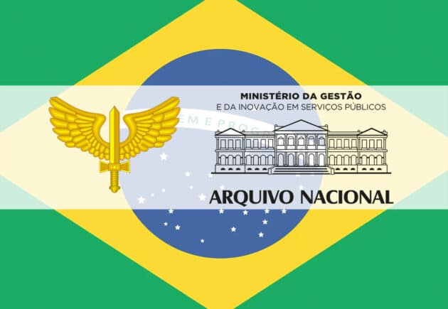 Die Embleme der brasilianischen Luftwaffe (FAB) und des Arquivo Nacional vor dem Hintergrund der Nationalfrlagge Brasiliens (Illu.). Copyright: grewi.de