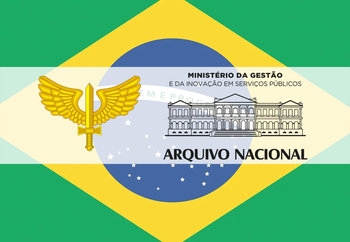 Die Embleme der brasilianischen Luftwaffe (FAB) und des Arquivo Nacional vor dem Hintergrund der Nationalfrlagge Brasiliens (Illu.).Copyright: grewi.de