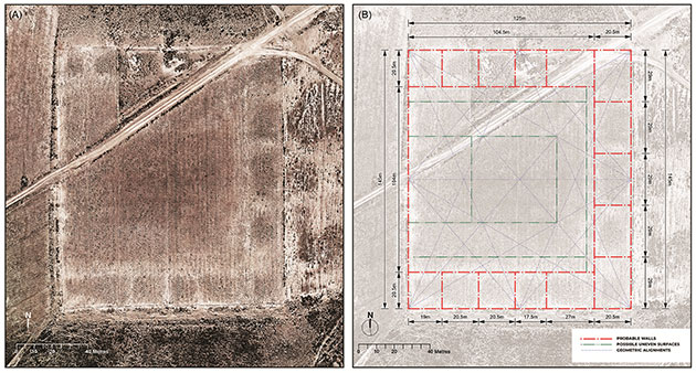 Der Palaspata-Tempel, dargestellt in: A) einem Orthomosaik aktueller Luftbildaufnahmen und B) einem zusammengesetzten, gefilterten Bild, das chromatische Anomalien hervorhebt. Dieses Bild ist zusätzlich mit einem Gitter und Hilfslinien überlagert, um die geometrische Struktur des Tempels zu segmentieren.Copyright: Capriles et al., Antiquity 2025