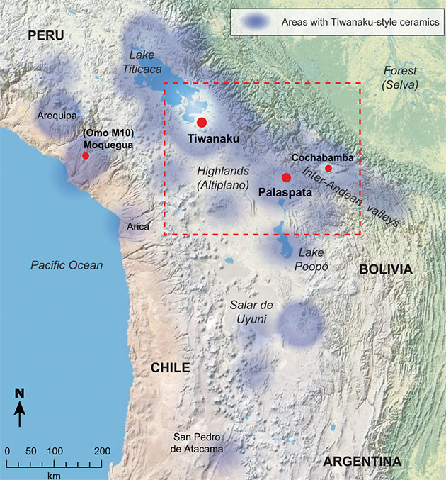 Die Karte zeigt das Untersuchungsgebiet mit der Lage von Tiwanaku, Omo-Moquegua und Palaspata in Bezug auf die Verbreitung von Tiwanaku-assoziierten Fundstätten, einschließlich solcher mit diagnostischen Artefakten.Copyright: Capriles et al., Antiquity 2025