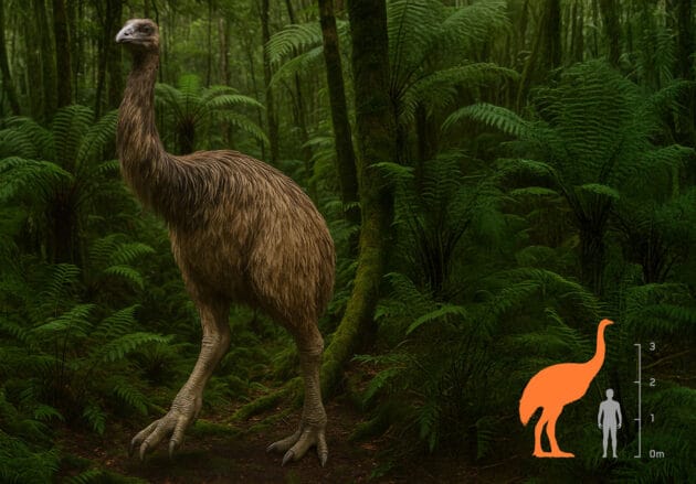 Grafische Rekonstruktions eines Riesenmoas gemeinsam mit einem Größenvergleich zu einem Menschen (Illu). Quelle: colossal.com