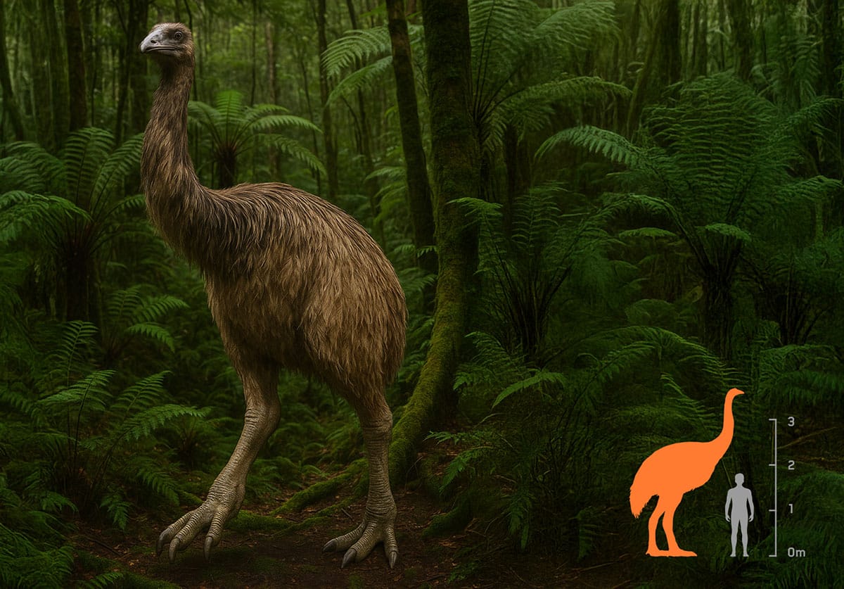 Grafische Rekonstruktions eines Riesenmoas gemeinsam mit einem Größenvergleich zu einem Menschen (Illu).Quelle: colossal.com
