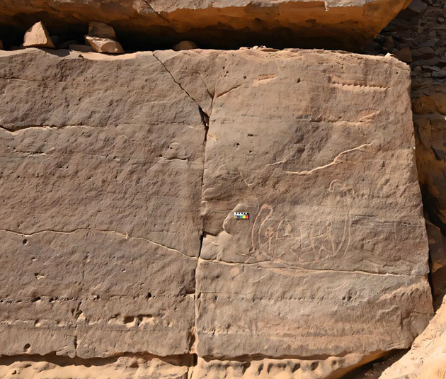 Das Felskunst-Panel mit der Gravur eines Boots mit einer menschlichen Figur auf einer sänftenähnlichen Struktur.Copyright/Quelle: Dorian Vanhulle, AKAP, Antiquity 2025