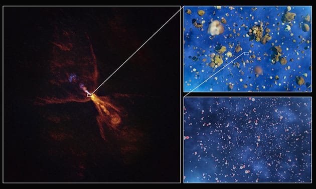 Die Aufnahmen zeigen, wie heißes Gas um den Baby-Stern „HOPS-315“ (ALMA-Aufnahme) zu festen Mineralien kondensiert (grafische Darstellung).Copyright: ESO/L. Calçada/ALMA(ESO/NAOJ/NRAO)/M. McClure et al.