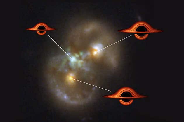 Die vermutliche Entstehungsstelle eines neu geborenen supermassereichen Schwarzen Lochs zwischen den beiden ehemaligen Galaxien, in deren Zentren sich eigene Schwarze Löcher befunden.Copyright: NASA/ ESA/CSA, STScI, Pieter van Dokkum/ Yale University