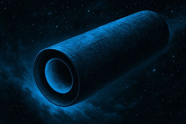 Künstlerische Darstellung des Rama-Raumschiffs aus dem Im Roman von Arthur C. Clark „Rendezvous with Rama“ (1973) entpuppt sich ein interstellares Objekt im Sonnensystem als zylindrisches außerirdisches Raumschiff (Illu.).Copyright: grewi.de (erstellt mit KI)