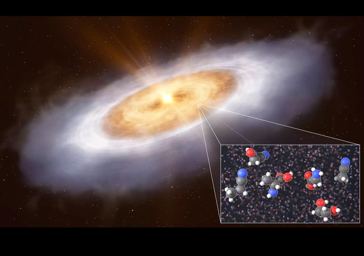 Künstlerische Darstellung der um „V833 Orionis gefundenen organischen Moleküle (Illu.).Copyright: ESO/L. Calçada/T. Müller (MPIA/HdA) (CC BY 4.0)