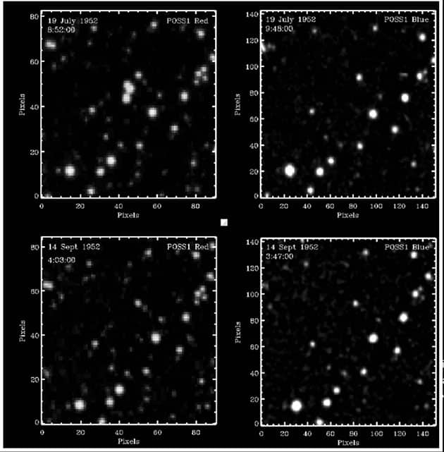 Vier Aufnahmen des 3 × 3 Bogenminuten großen Himmelsausschnitts, zentriert auf einen im Juli 1952 identifizierte Dreifach-Transient. Oben links: Das POSS-I-Rotbild vom 19. Juli 1952 um 8:52 Uhr (UT) mit dem Dreifach-Transient knapp oberhalb der Bildmitte. Oben rechts: Eine 10-minütige Belichtung des POSS-I-Blaubilds derselben Region, aufgenommen unmittelbar danach, ohne Anzeichen des Dreifach-Transients. Unten links und rechts: POSS-I-Rot- (links) und Blaubilder (rechts), aufgenommen zwei Monate später (14. September 1952), die zeigen, dass der Transient weiterhin verschwunden ist. Anpassung nach Solano et al. (2024).Copyright/Quelle: Bruehl, Villarroel 2025