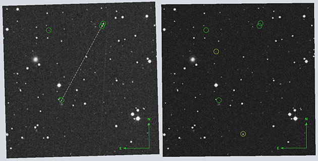 „Kandidat 1. Wir zeigen den Kandidaten in SuperCosmos-Scans der roten POSS-I-Aufnahme (links) und der roten POSS-II-Aufnahme (rechts). Transienten sind mit grünen Kreisen markiert. Der Kandidat mit gemessener Koordinate ist mit einem Kreuz (+) gekennzeichnet. Eine gestrichelte weiße Linie zeigt die Ausrichtung an. Gelbe Kreise markieren Defekte. Die weiße Linie, die das POSS-I-Feld durchquert, ist ein Scanfehler. In den POSS-I-Aufnahmen sind vier Transienten zu erkennen, von denen drei eine gerade Linie bilden.“Quelle: Zitat der Bildunterschrift (Fig. 7) aus Villarroel et al., ResearchGate.net 2025