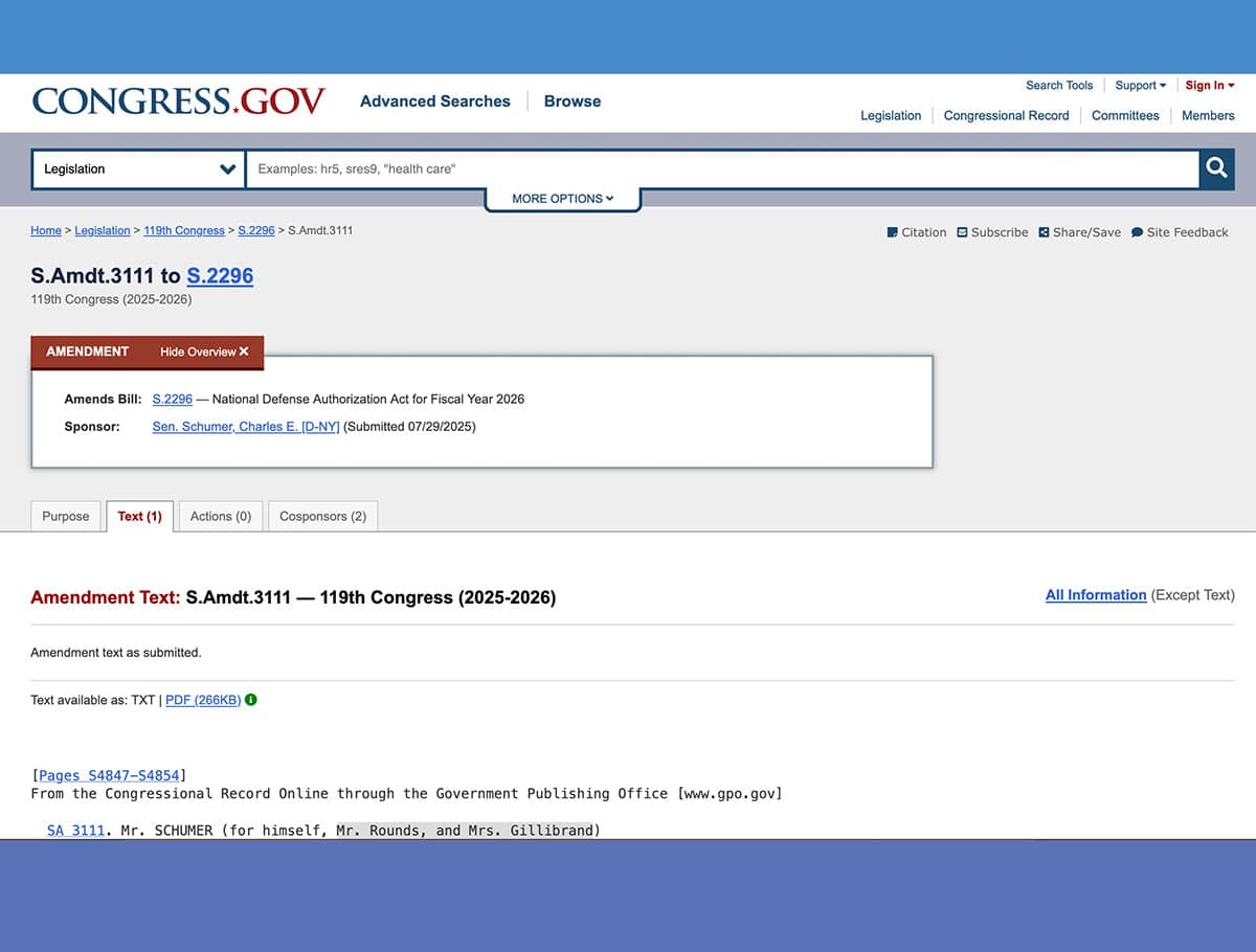 Screenshot des Gesetzestextentwurfs der erneuten Schumer-InitiativeCopyright: congress.gov