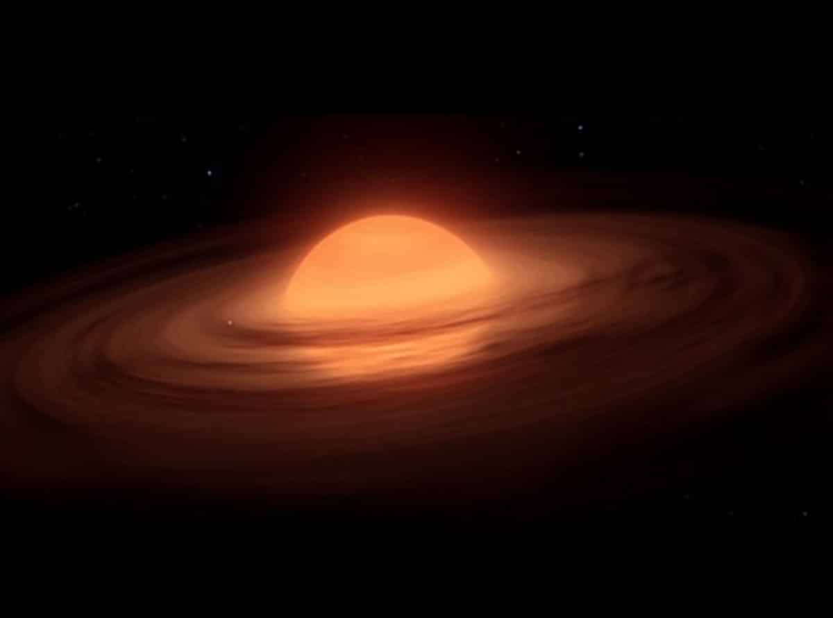 Künstlerische Darstellung eines einsamen Riesenplaneten, der von einer protoplanetaren Scheibe umgeben ist, aus der heraus selbst wieder Planeten entstehen können (Illu.).Copyright/Quelle: University of St Andrews