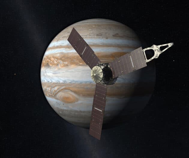 Künstlerische Darstellung der Juno-Sonde vor dem Jupiter. Copyright: NASA/JPL